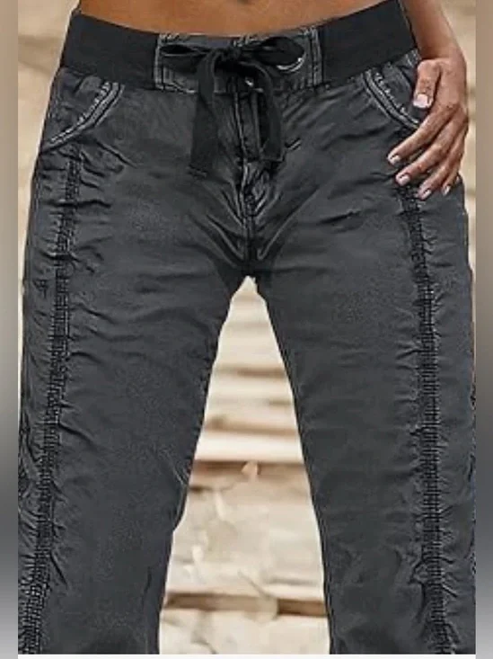 Flamingals Solid Stitch Detail Drawstring Mid Rise Straight Leg Cargo XS NWT - Picture 5 of 8